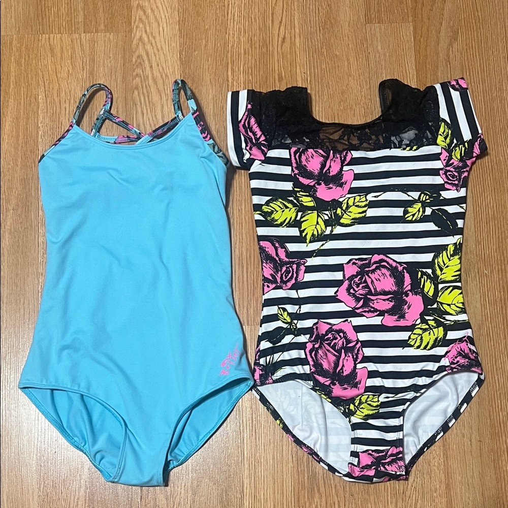 Capezio Kids Dance Leotards in Turquoise and Black/White Floral